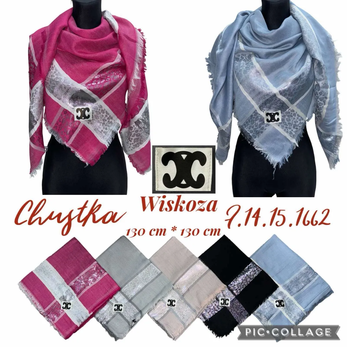 Chustki wiskozowe 130x130 cm w kolorach różowym i błękitnym z wzorem i frędzlami