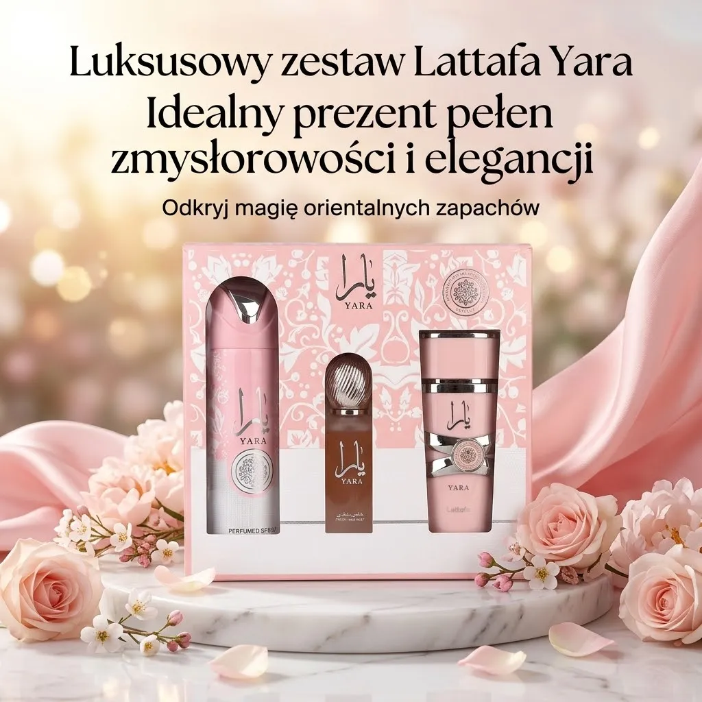 Różowy zestaw upominkowy Lattafa Yara z dezodorantem, mgiełką do włosów i wodą perfumowaną