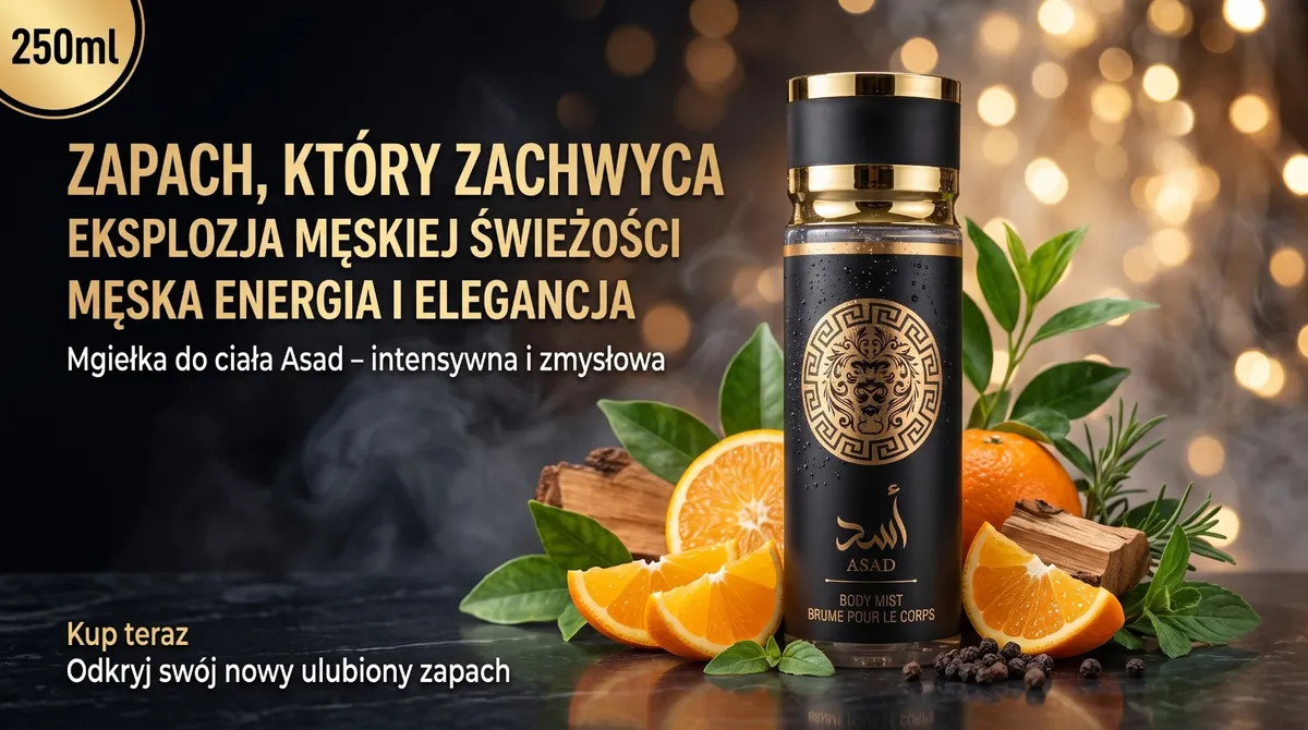 Czarny flakon mgiełki do ciała Asad 250 ml z złotymi detalami, pomarańcze i liście w tle