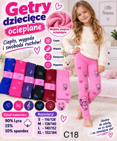 Dziewczynka w różowych ocieplanych getrach z nadrukiem myszek i motywów muzycznych, zestaw kolorowych getrów