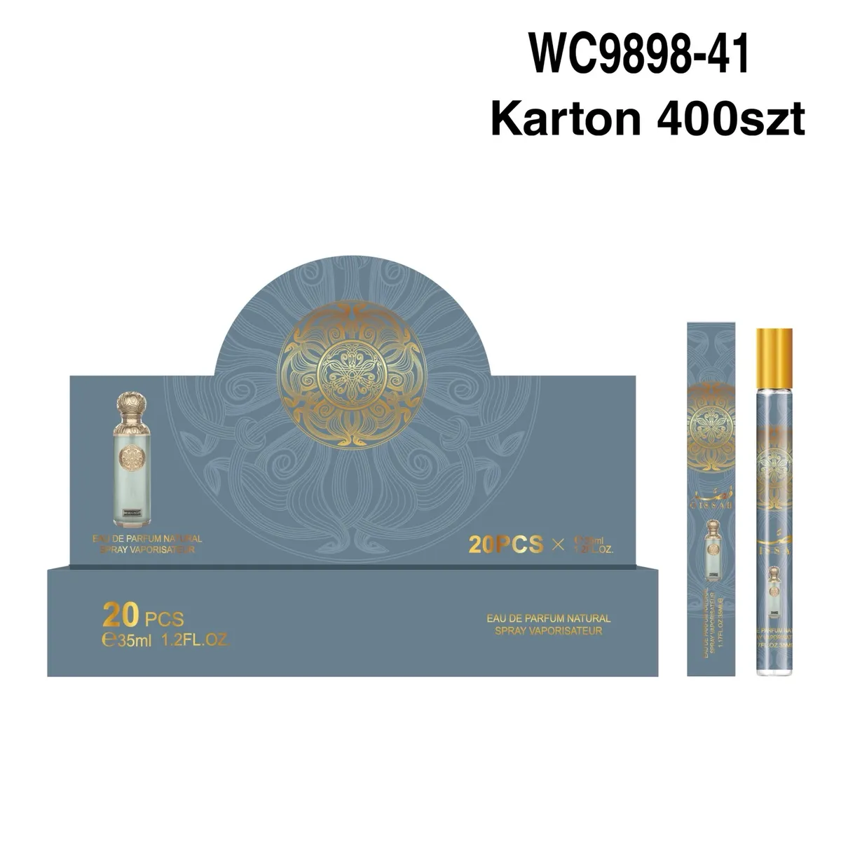 Granatowe opakowanie perfumetek arabskich 35 ml z złotym wzorem i przezroczysta butelka ze złotą zakrętką