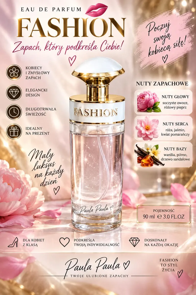 Perfumy damskie Fashion Paula Paula w szklanym flakonie 90 ml z białą zakrętką i złotymi detalami
