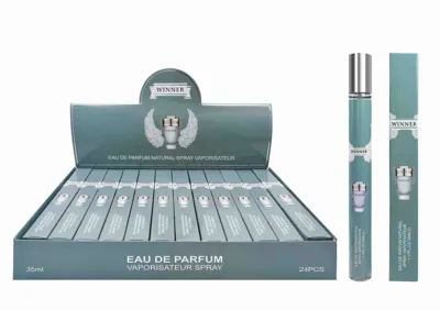 zielona metaliczna smukła butelka perfum Winner 35ml w opakowaniu zbiorczym 24 sztuki