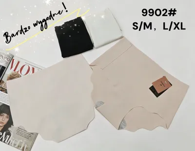 Majtki bezszwowe beżowe i czarne w rozmiarach S/M i L/XL na białym tle