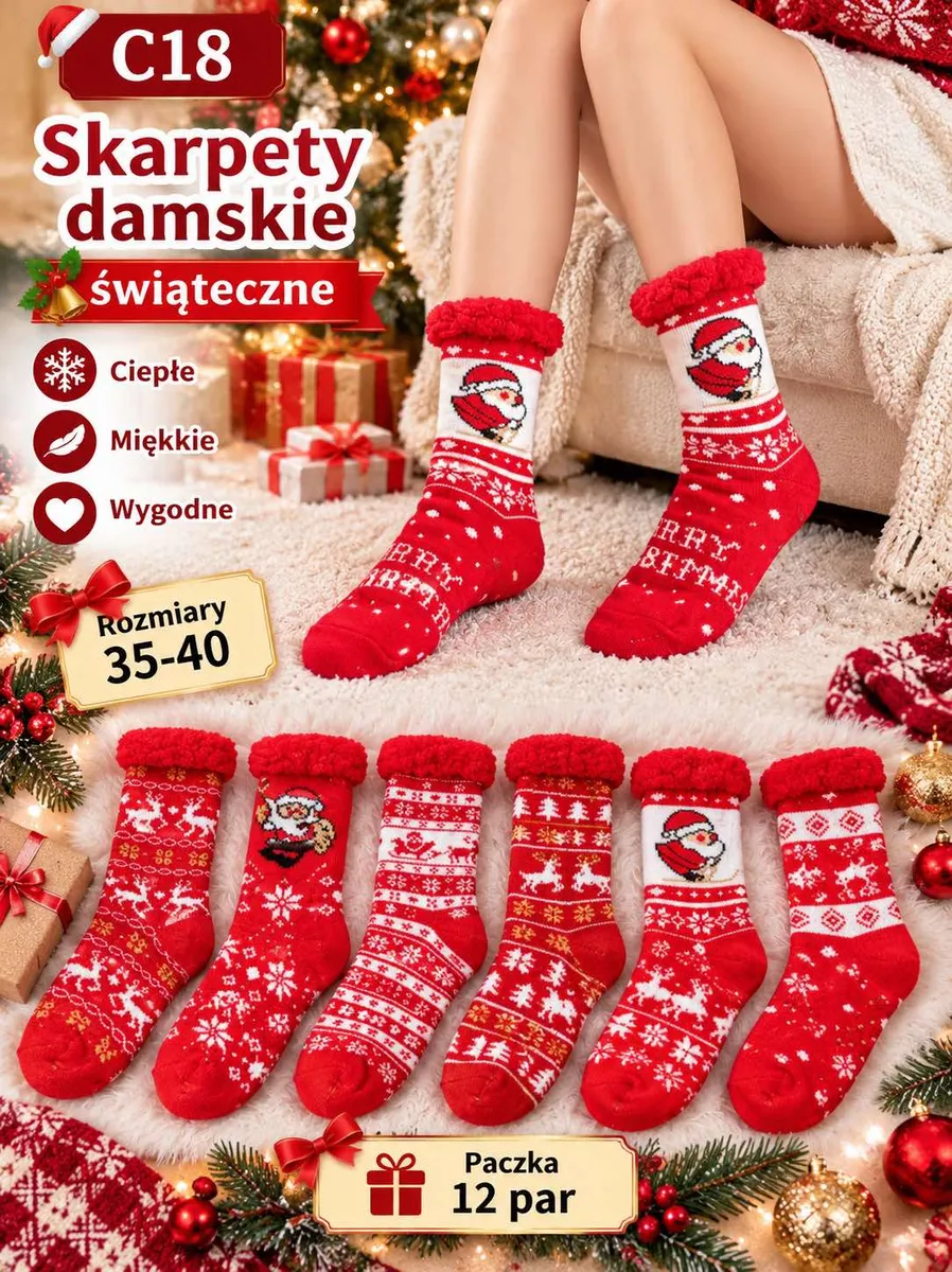 Czerwone skarpety damskie świąteczne z motywem Mikołaja i reniferów, rozmiar 35-40, 12 par