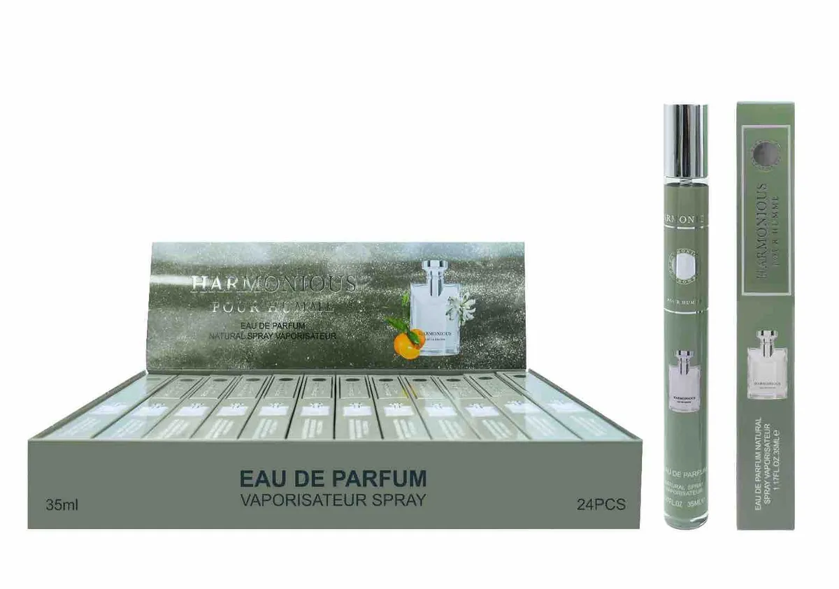 Zielona buteleczka perfum 35 ml z metalicznym korkiem i zielone pudełko z grafiką flakonu i pomarańczy