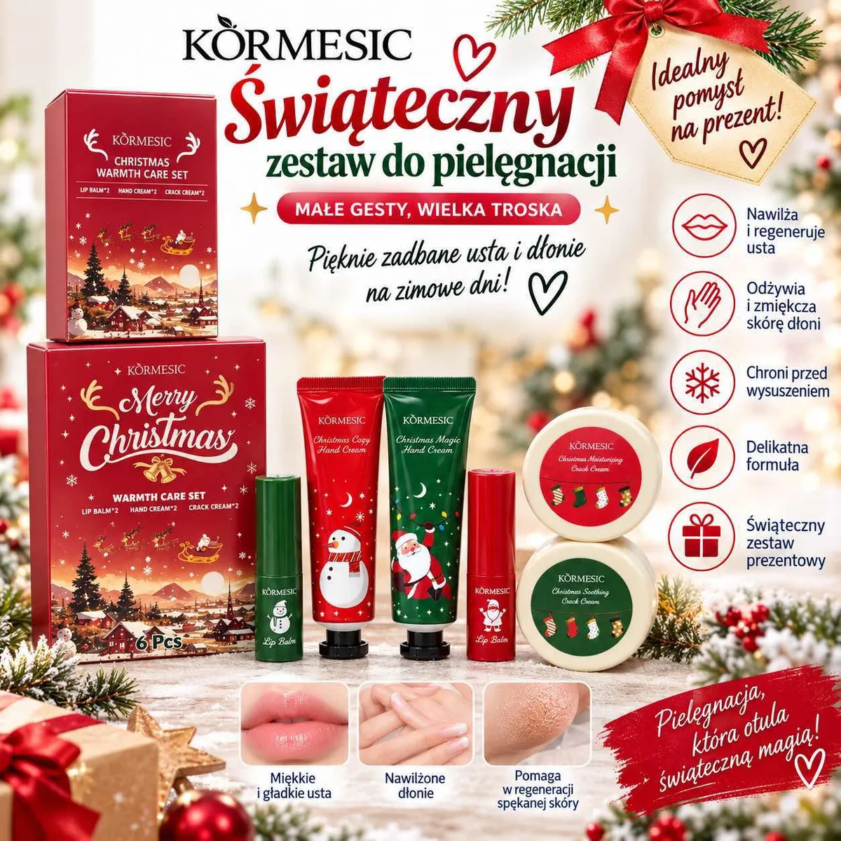 Świąteczny zestaw kosmetyków do ust i dłoni z czerwonym i zielonym opakowaniem oraz dekoracjami świątecznymi