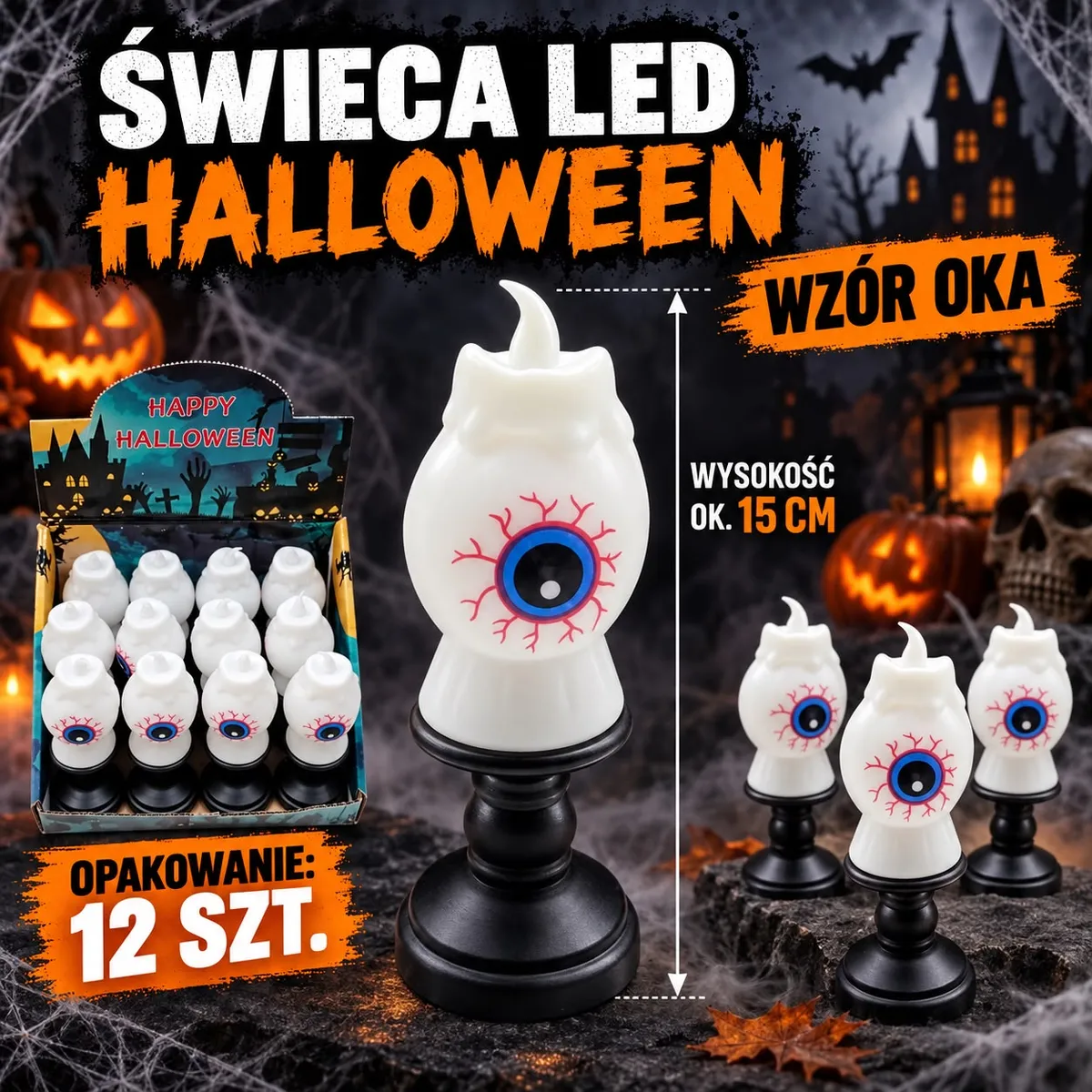 Biała świeca LED Halloween w kształcie krwawego oka na czarnej podstawce, wysokość 15 cm, opakowanie 12 sztuk