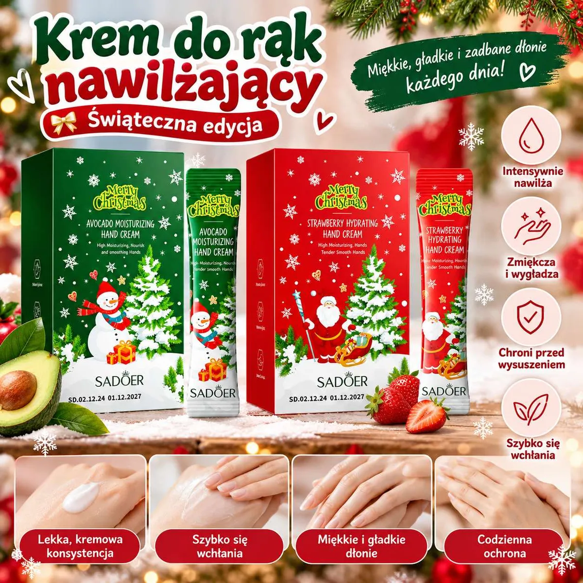 Świąteczne opakowania kremów do rąk SADOER z motywem śnieżynki, awokado i truskawki, tubki kremu na dłoniach