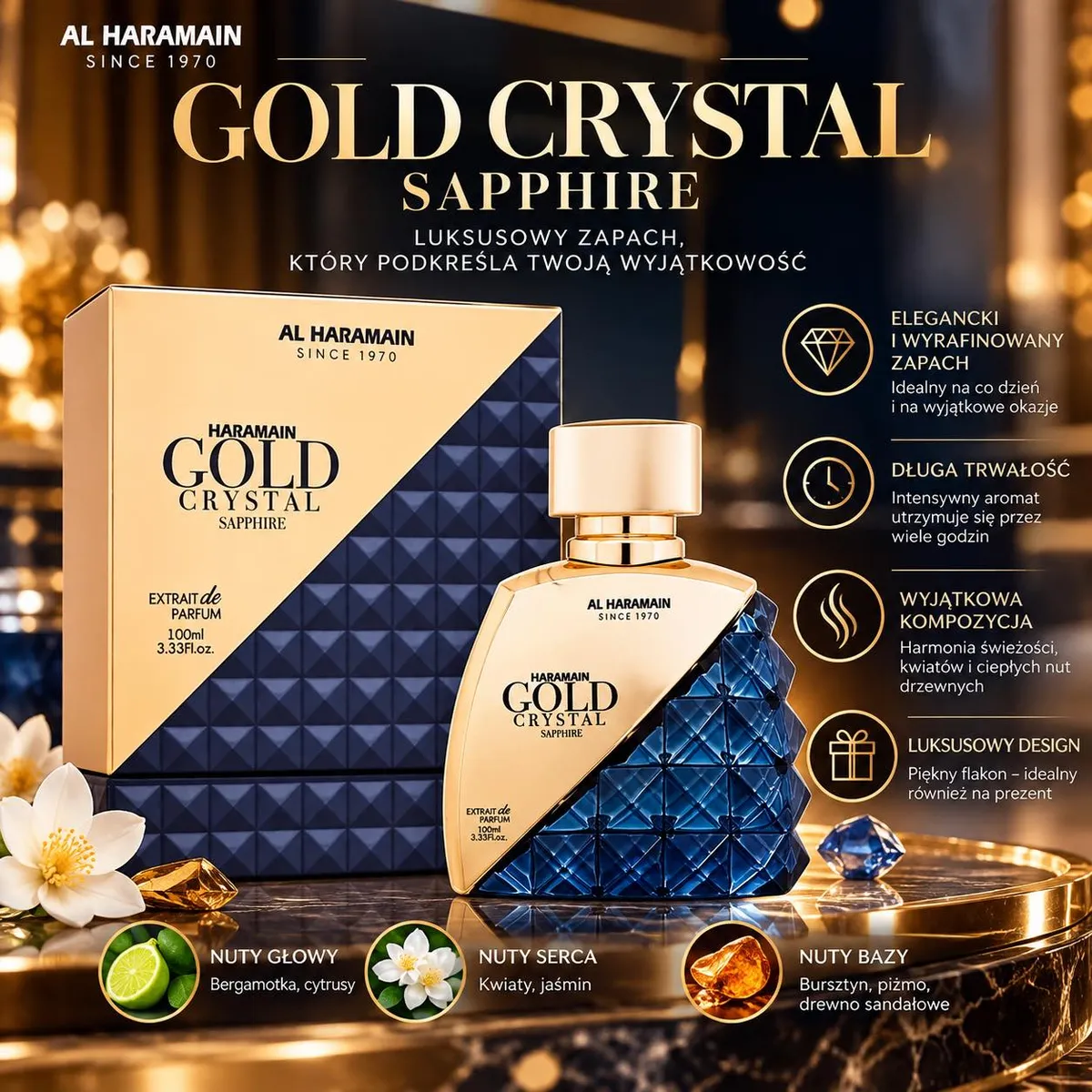 Flakon perfum Gold Crystal Sapphire w złoto-granatowym kolorze z opakowaniem i opisem nut zapachowych