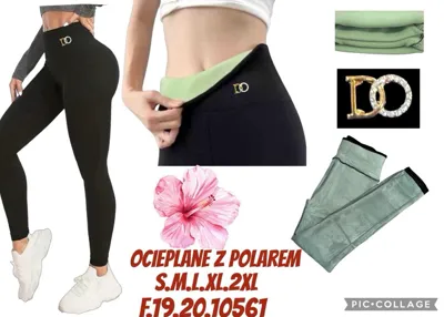 Czarne legginsy damskie ocieplane z zielonym paskiem i metalową ozdobą DO