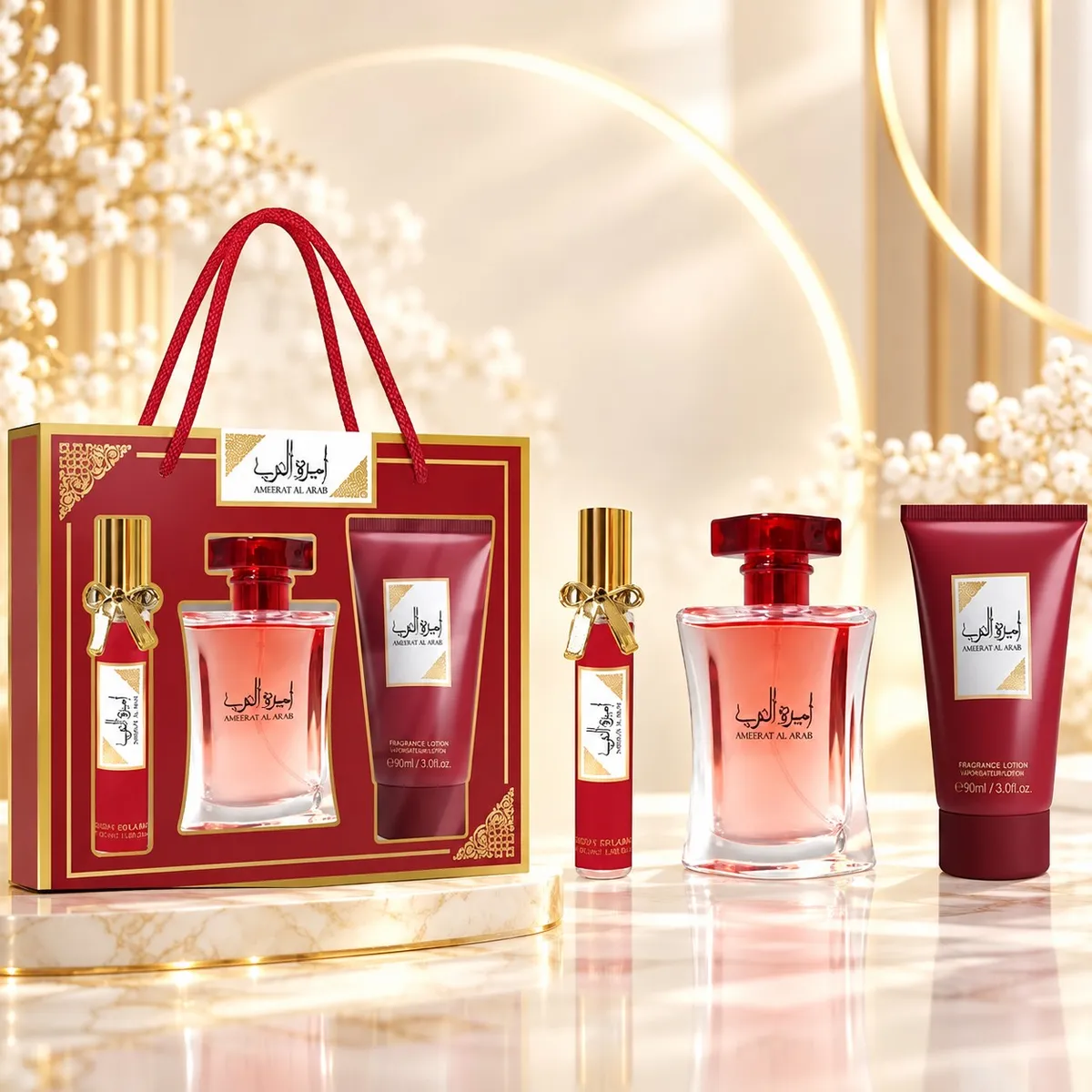 Zestaw perfum Ameerat Al Arab z flakonem, balsamem 90 ml i sprayem w czerwono-złotym opakowaniu z torbą