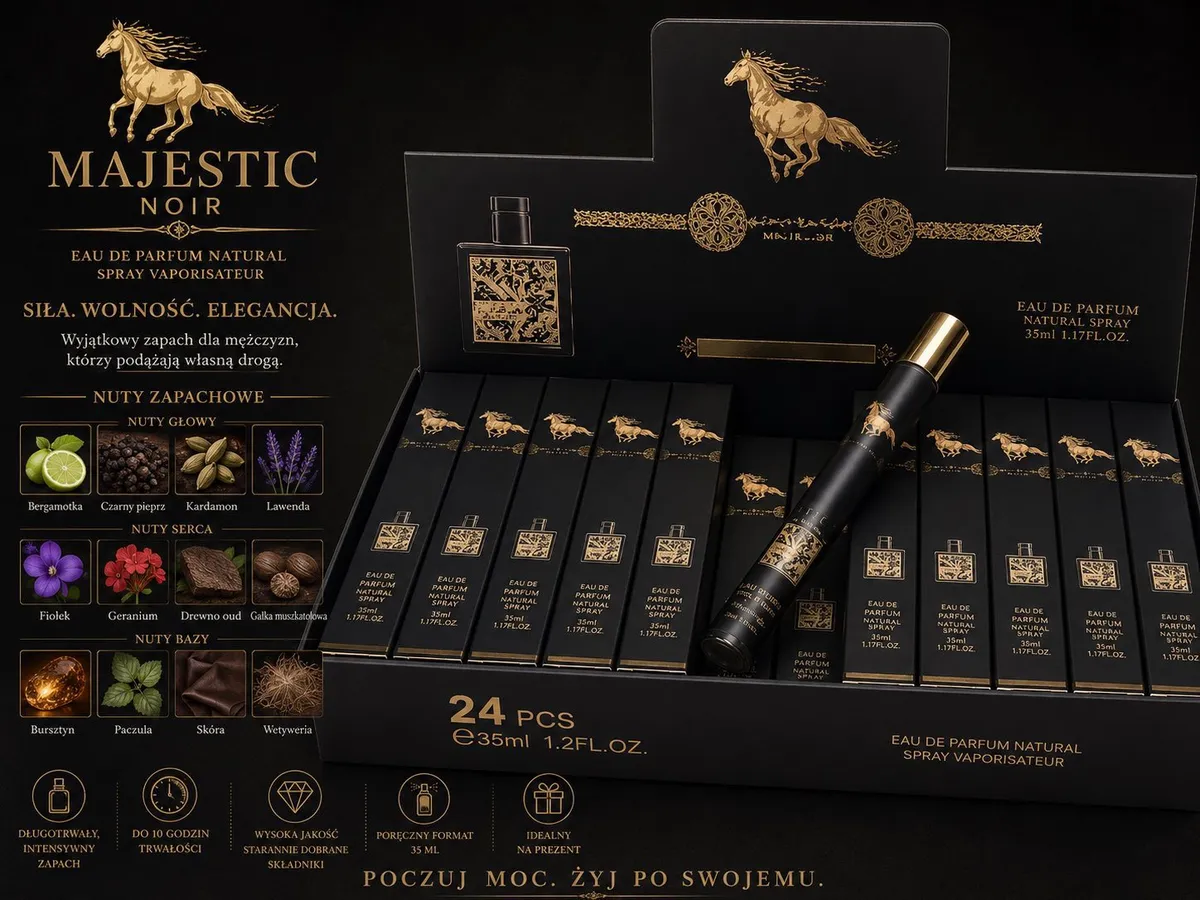 Czarne opakowania perfum Majestic Noir 35 ml z złotym koniem i nutami zapachowymi