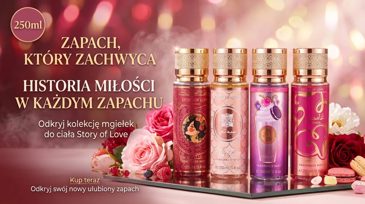 cztery butelki mgiełki do ciała 250 ml z kolorowymi etykietami i złotymi nakrętkami na lustrzanej powierzchni