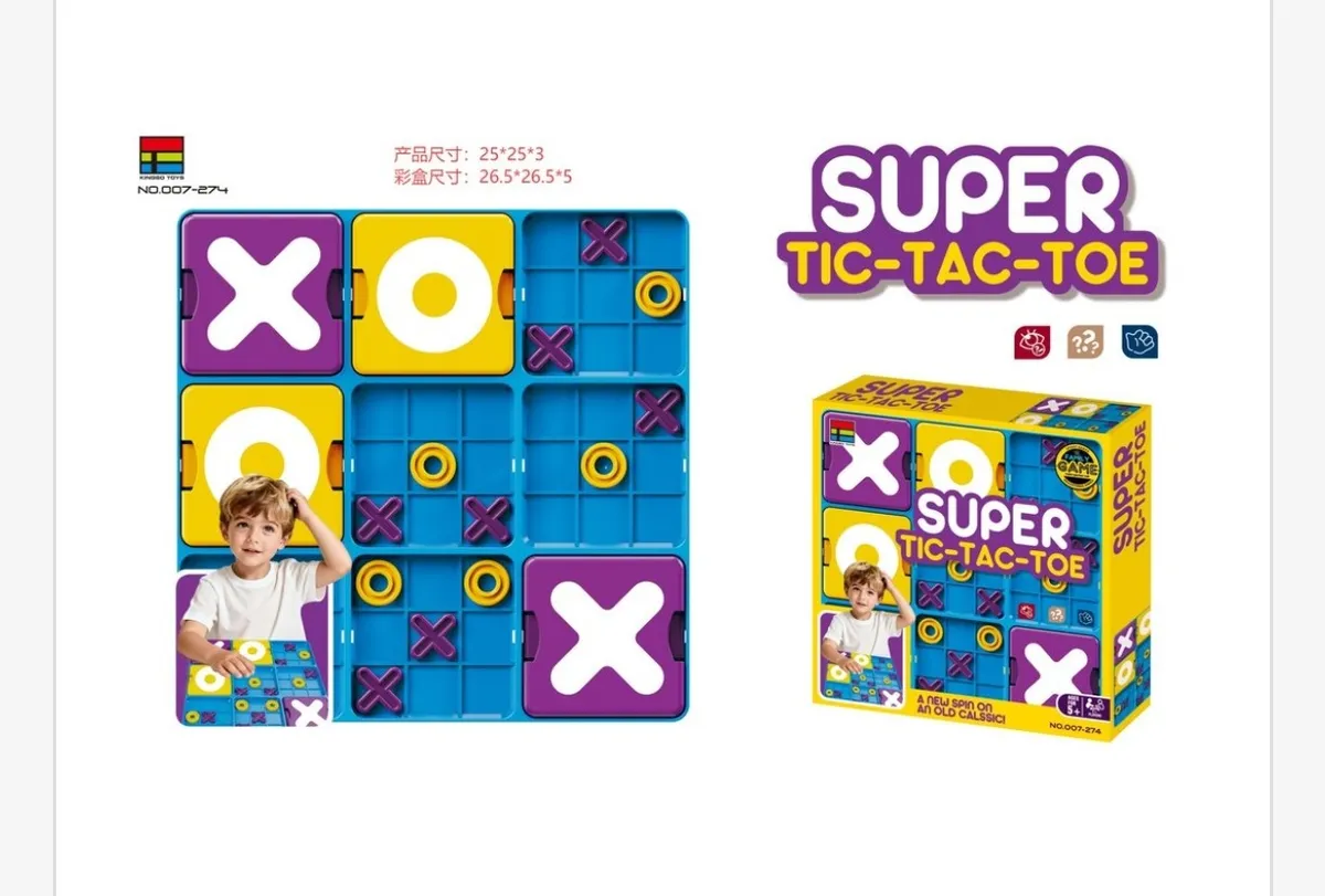 Kolorowa gra planszowa Super Tic-Tac-Toe z plastikowymi elementami X i O oraz opakowaniem z dzieckiem