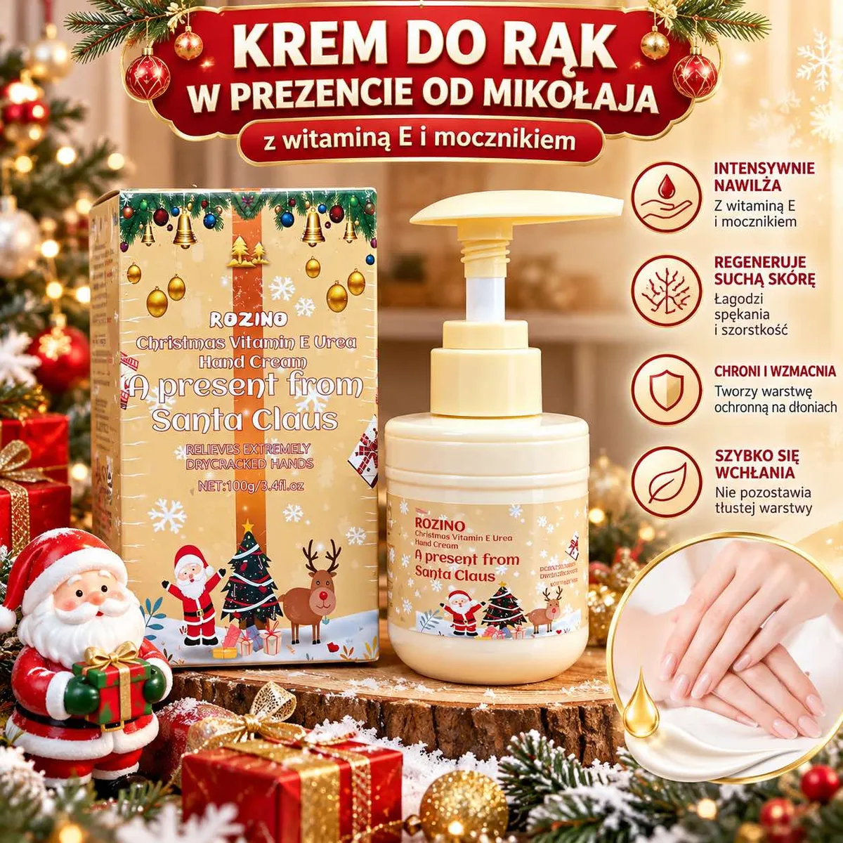 Świąteczny krem do rąk Rozino 100 g z pompką i opakowaniem z motywem Mikołaja i choinki