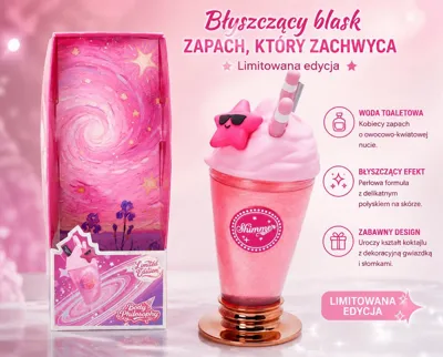 Różowa woda toaletowa Yum Yum 200ml w kształcie koktajlu z gwiazdką i słomką, opakowanie limitowane