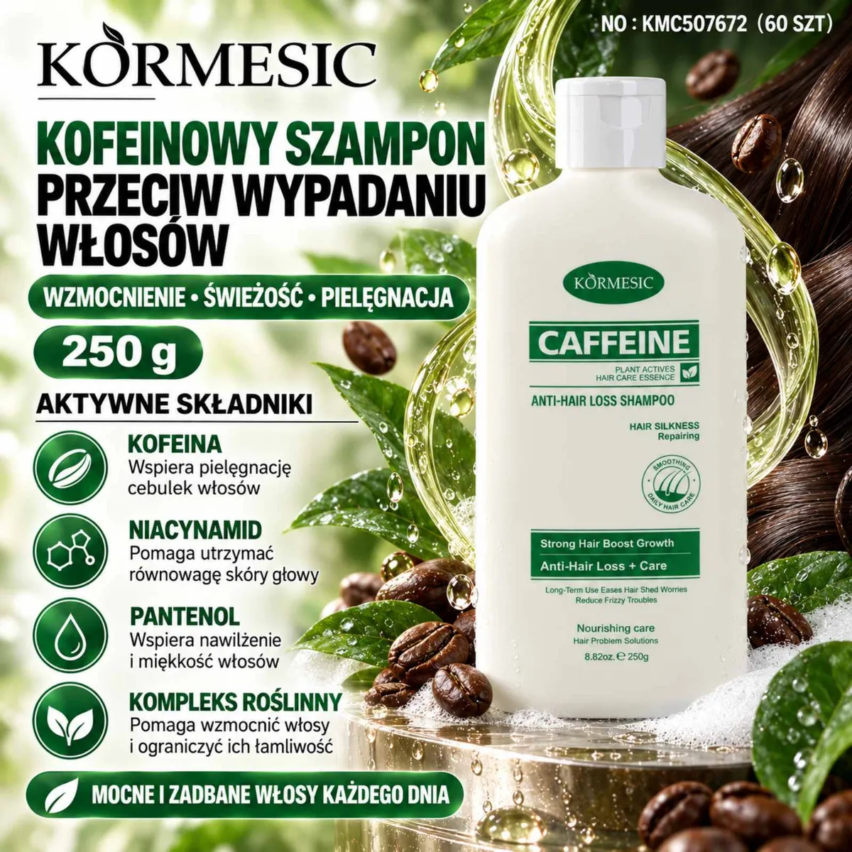 Butelka białego szamponu Kormesic 250g z zielonymi napisami i ziarnami kawy na tle liści