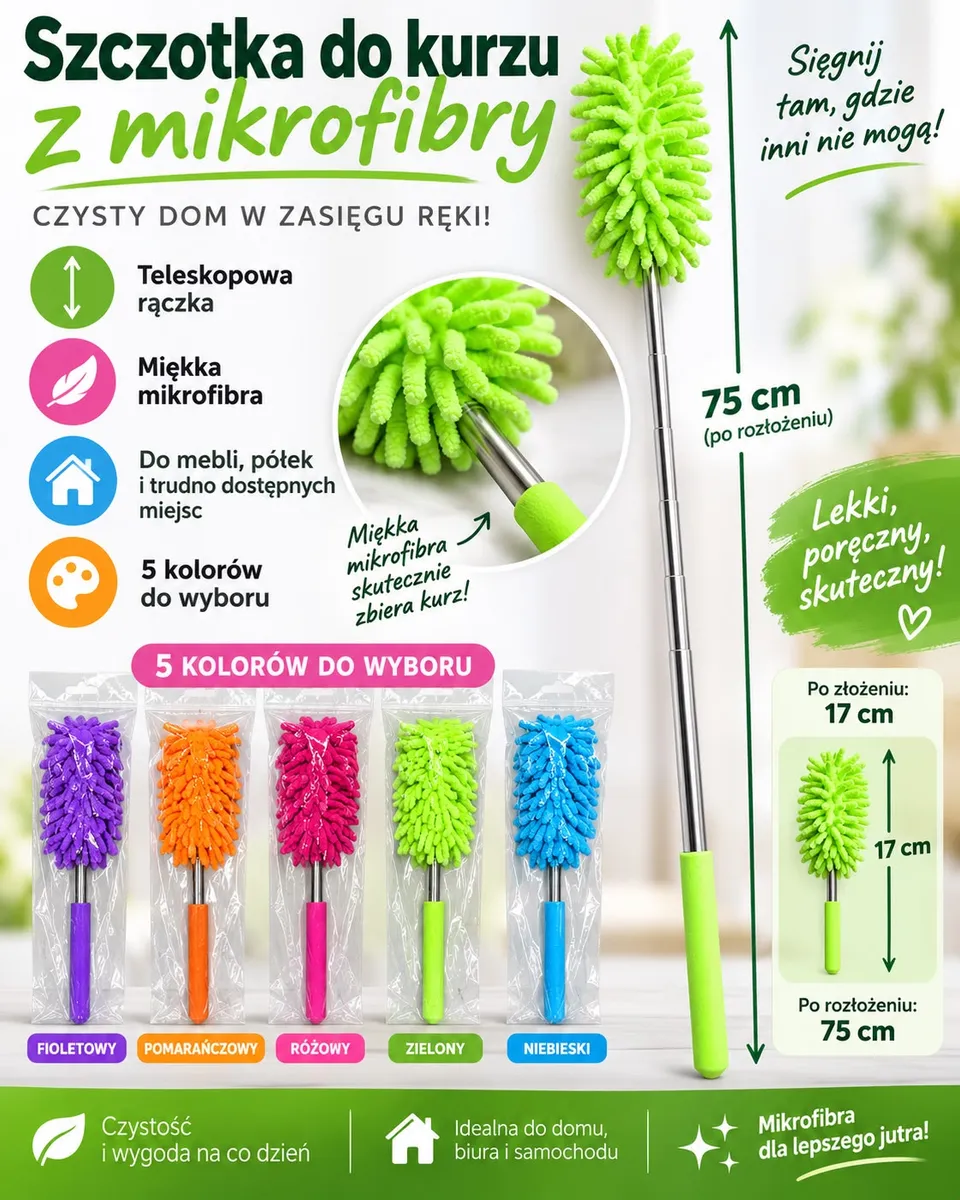 Szczotka teleskopowa do kurzu z mikrofibry w pięciu kolorach: fioletowy, pomarańczowy, różowy, zielony, niebieski