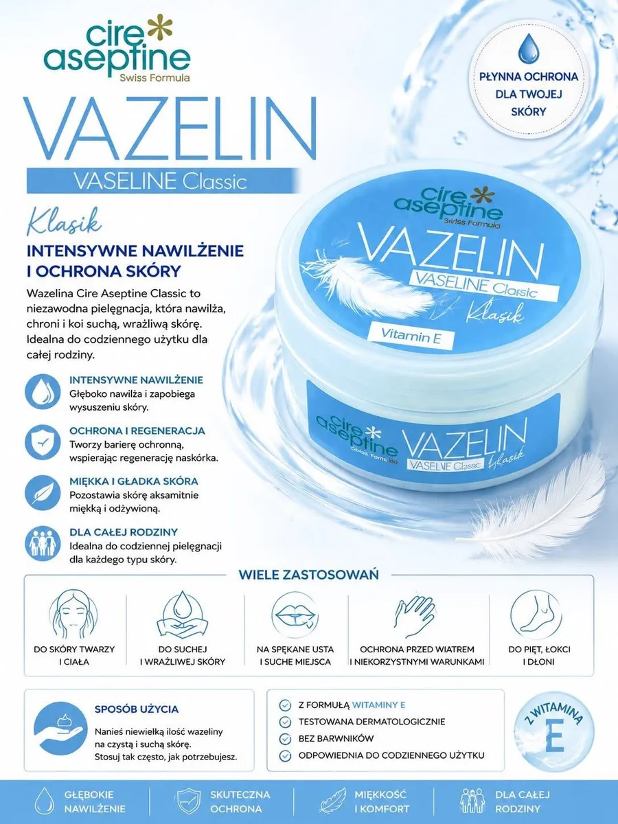 Opakowanie wazeliny Cire Aseptine Classic z niebieską etykietą i piórkiem na tle wody
