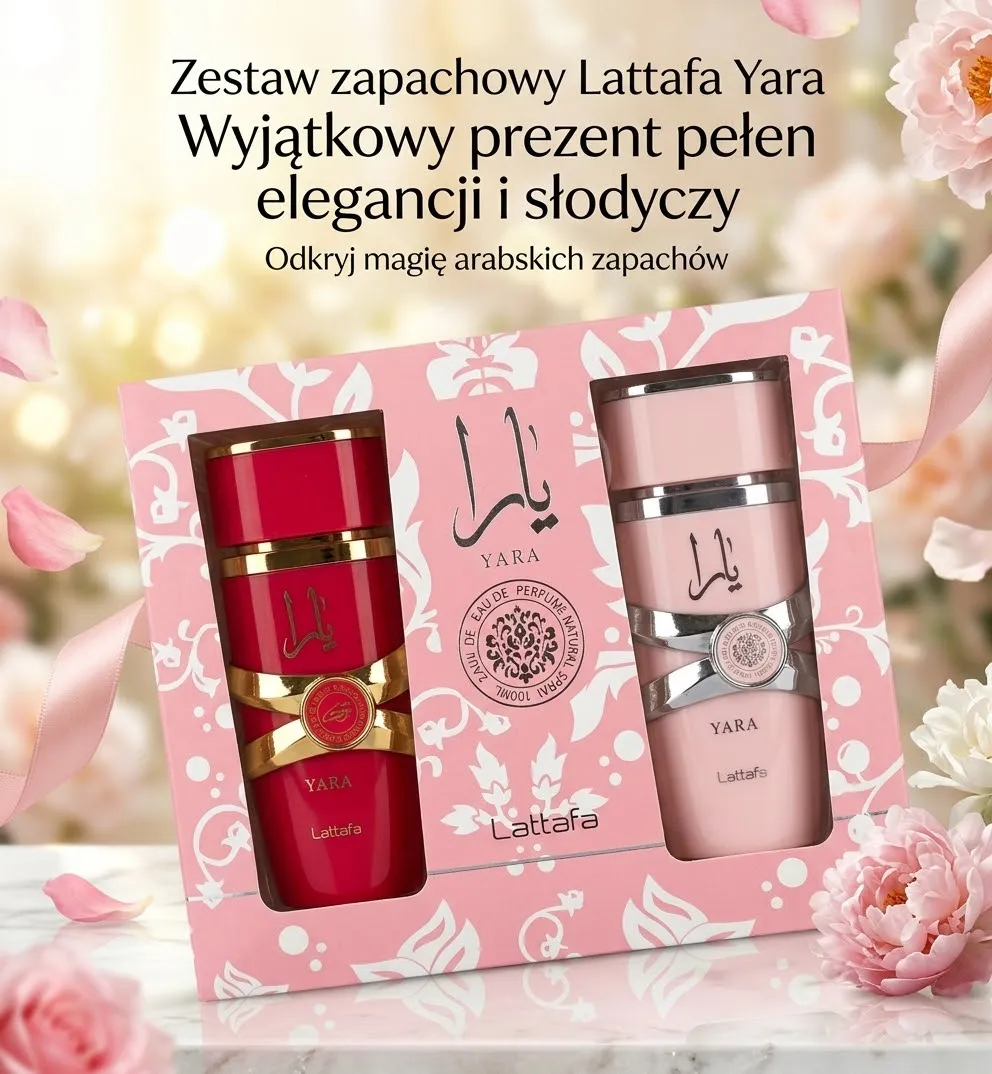 Zestaw dwóch perfum Lattafa Yara w różowym pudełku z czerwonym i różowym flakonem