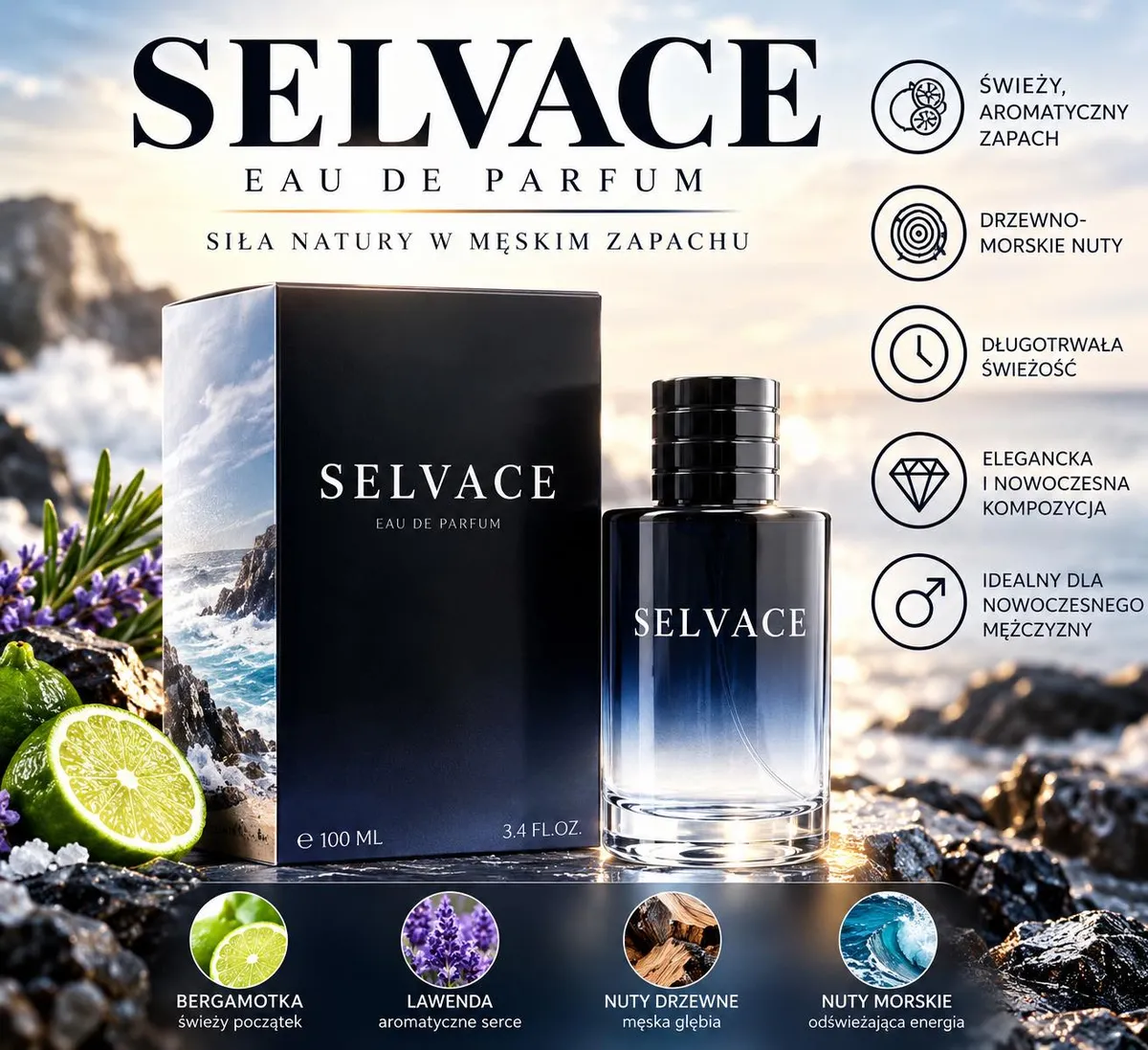Butelka perfum Selvace 100ml z czarno-przezroczystym gradientem i czarne opakowanie z motywem morza
