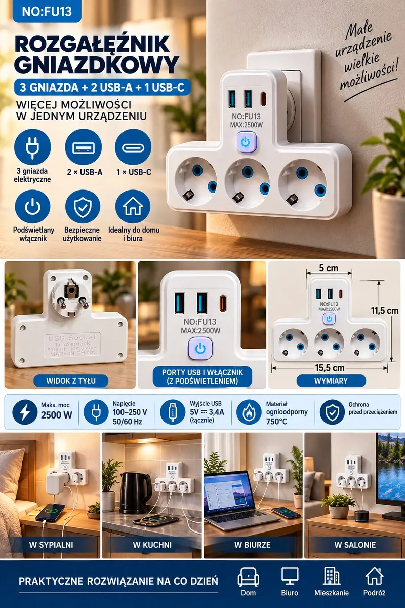 biały rozgałęźnik elektryczny 3 gniazda 2 USB-A 1 USB-C z podświetlanym włącznikiem podłączony do gniazdka