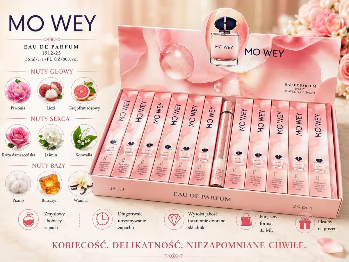 Perfumy MO WEY Eau de Parfum 35 ml w różowym opakowaniu, zestaw 24 sztuk z nutami kwiatowymi i owocowymi