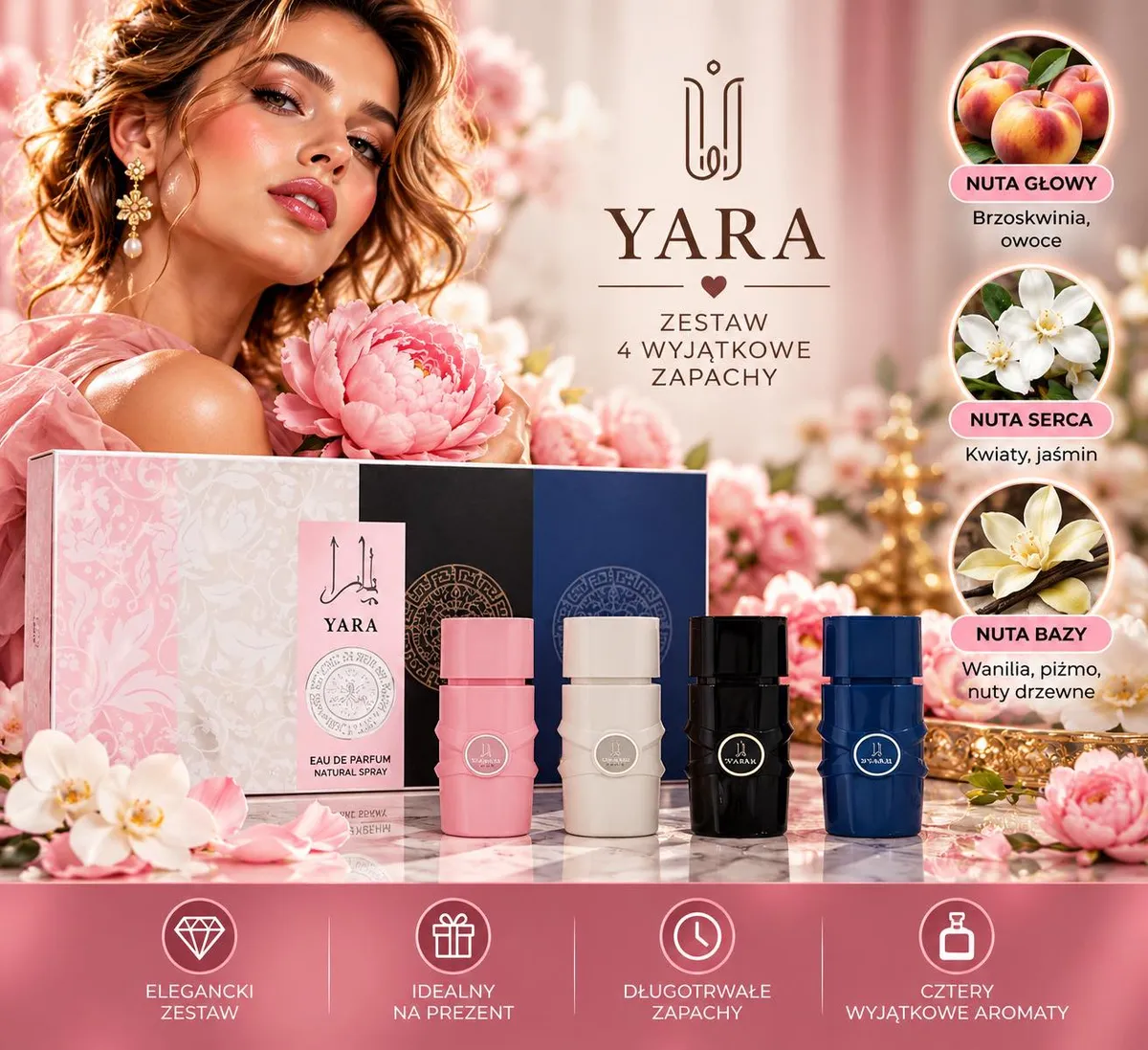 Zestaw czterech perfum Yara w kolorowych flakonikach z eleganckim opakowaniem i kwiatowym tłem