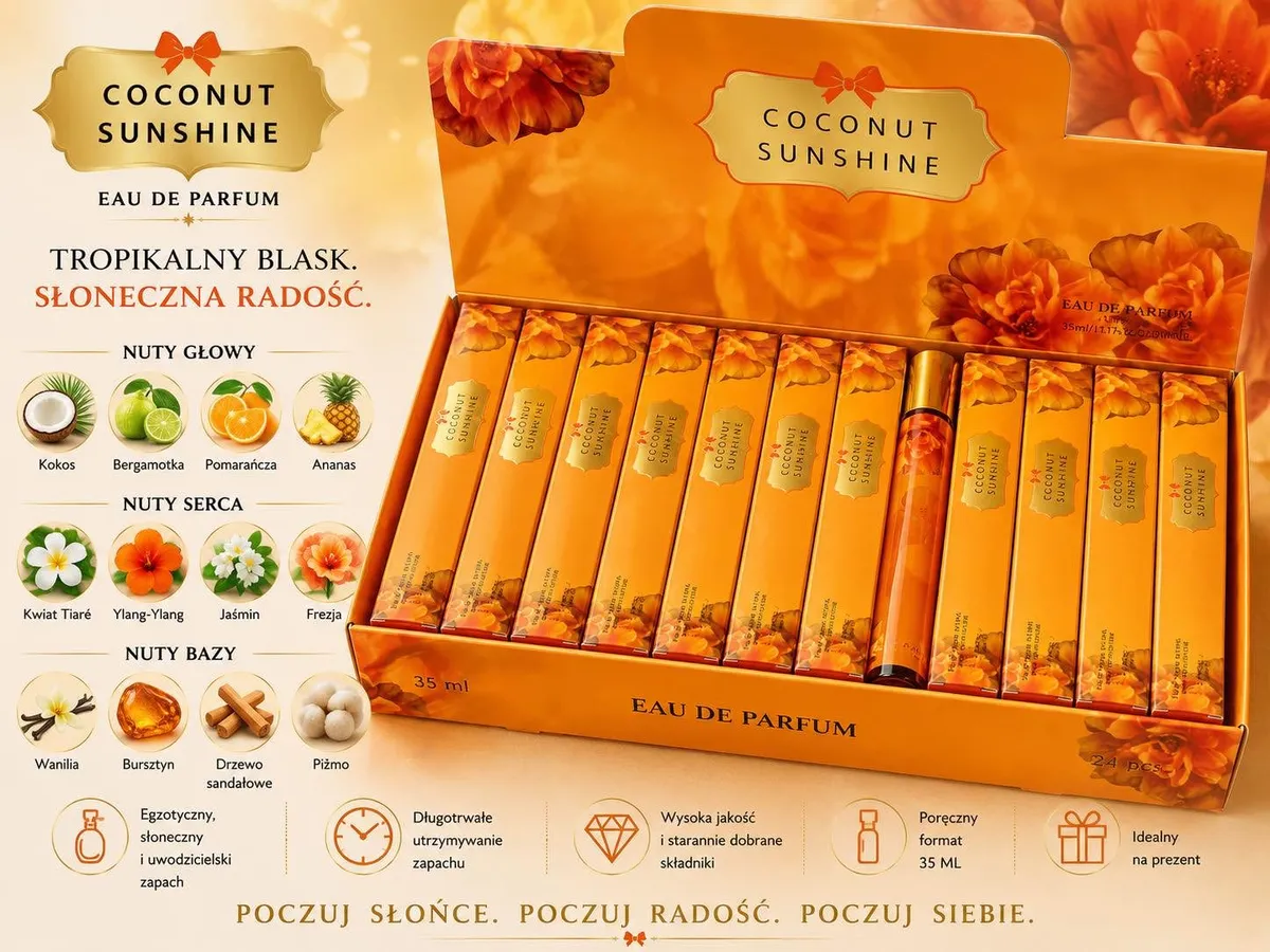 Zestaw 24 perfum Coconut Sunshine w pomarańczowym opakowaniu z kwiatowym motywem, pojemność 35 ml każda.