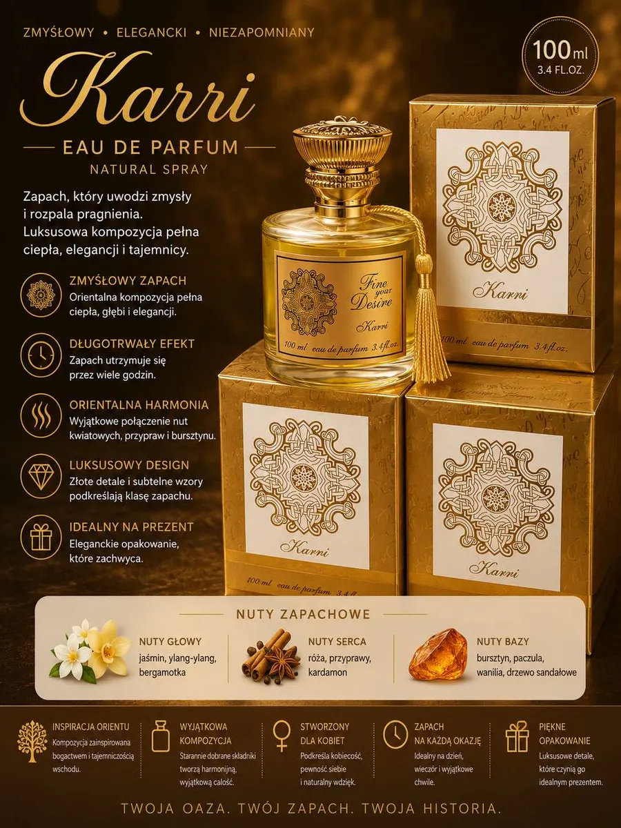 Butelka perfum Karri 100ml z złotym korkiem i eleganckie złote opakowania z orientalnym wzorem
