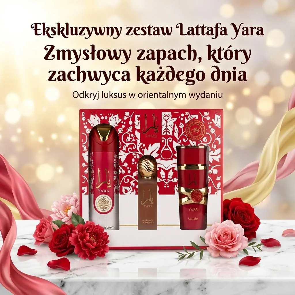 Zestaw Lattafa Yara dla kobiet z czerwono-białym opakowaniem, perfumy, dezodorant i mgiełka do włosów