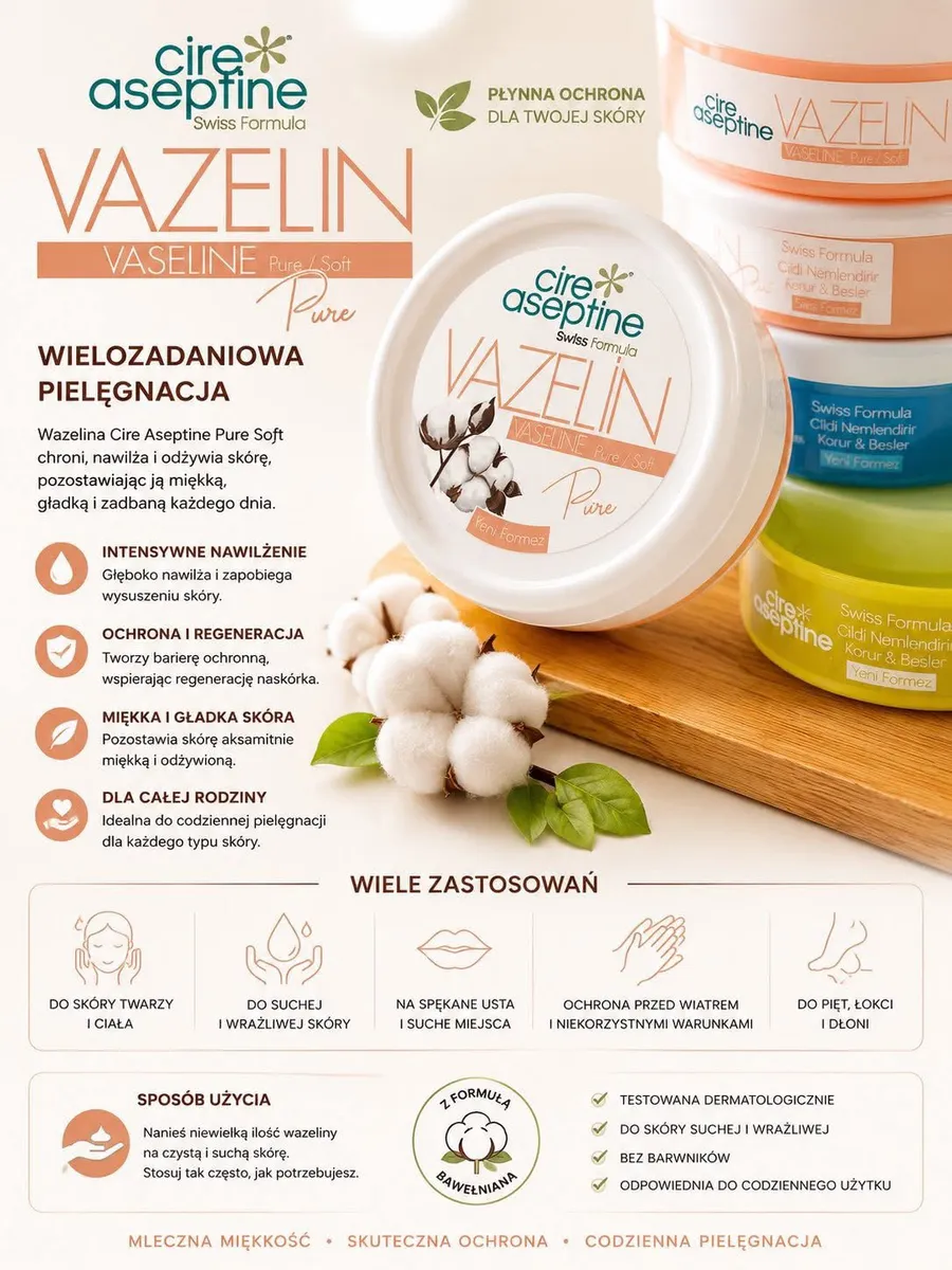 Opakowanie białej wazeliny Cire Aseptine VAZELIN Pure Soft z bawełnianą grafiką i opisem pielęgnacji skóry