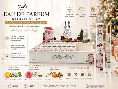 Perfumetki 35ml w eleganckim opakowaniu z atomizerem, świąteczna ekspozycja z motywem choinki i prezentów
