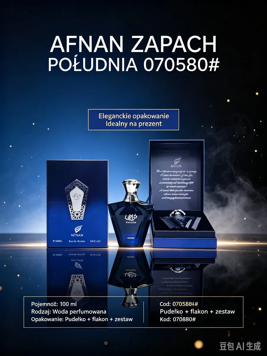 Granatowy flakon wody perfumowanej Afnan zapach południa z eleganckim pudełkiem i zestawem