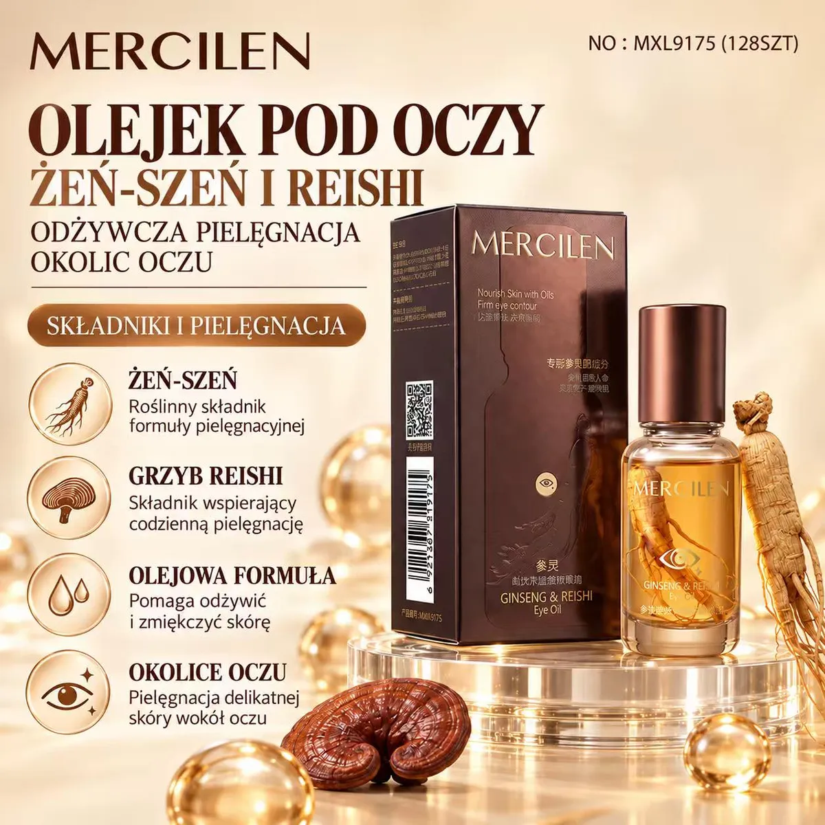 Butelka olejku pod oczy Mercilen z żeń-szeniem i reishi oraz opakowanie w kolorze brązowym