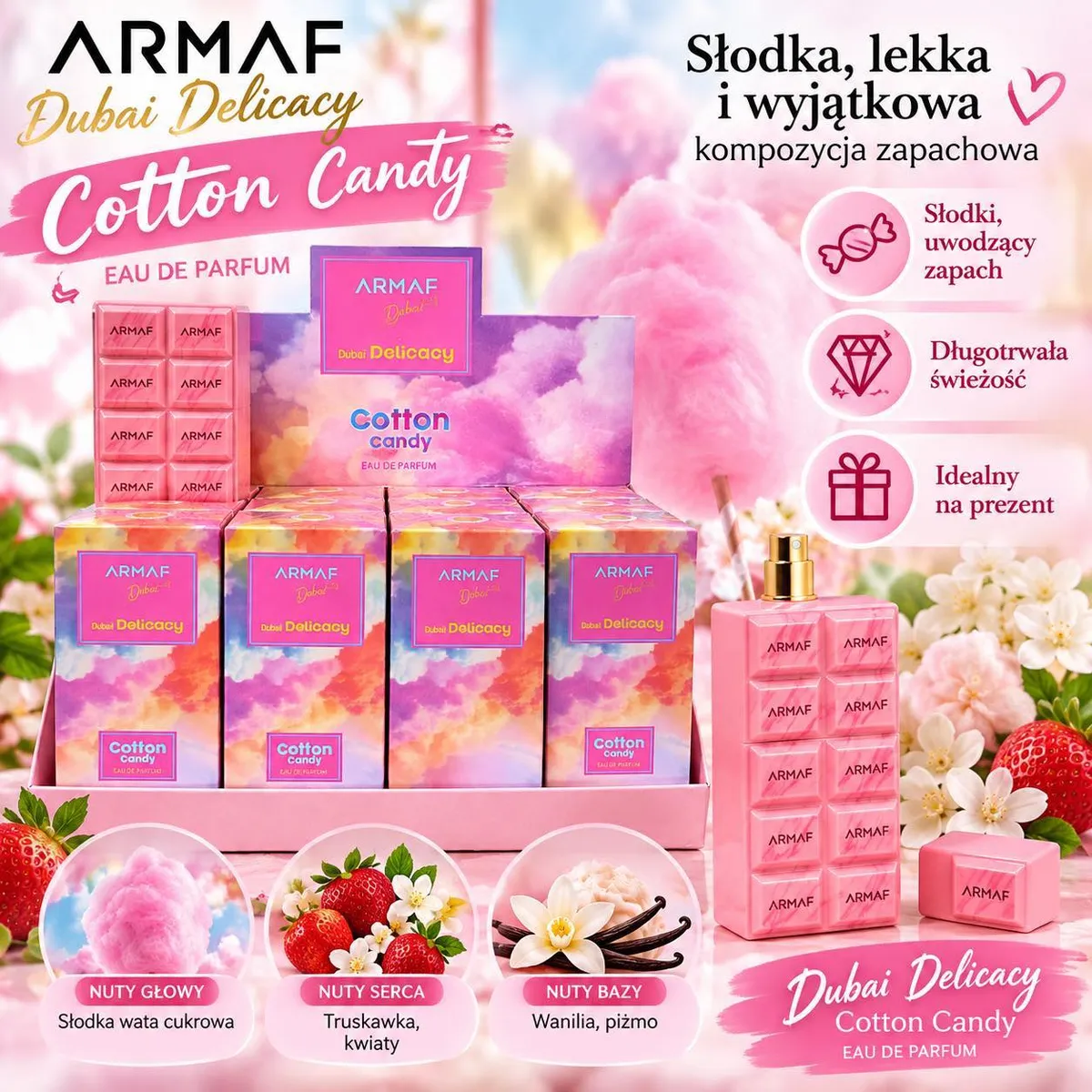 Perfumy Armaf Dubai Delicacy Cotton Candy 30ml różowy flakon i opakowania z motywem waty cukrowej