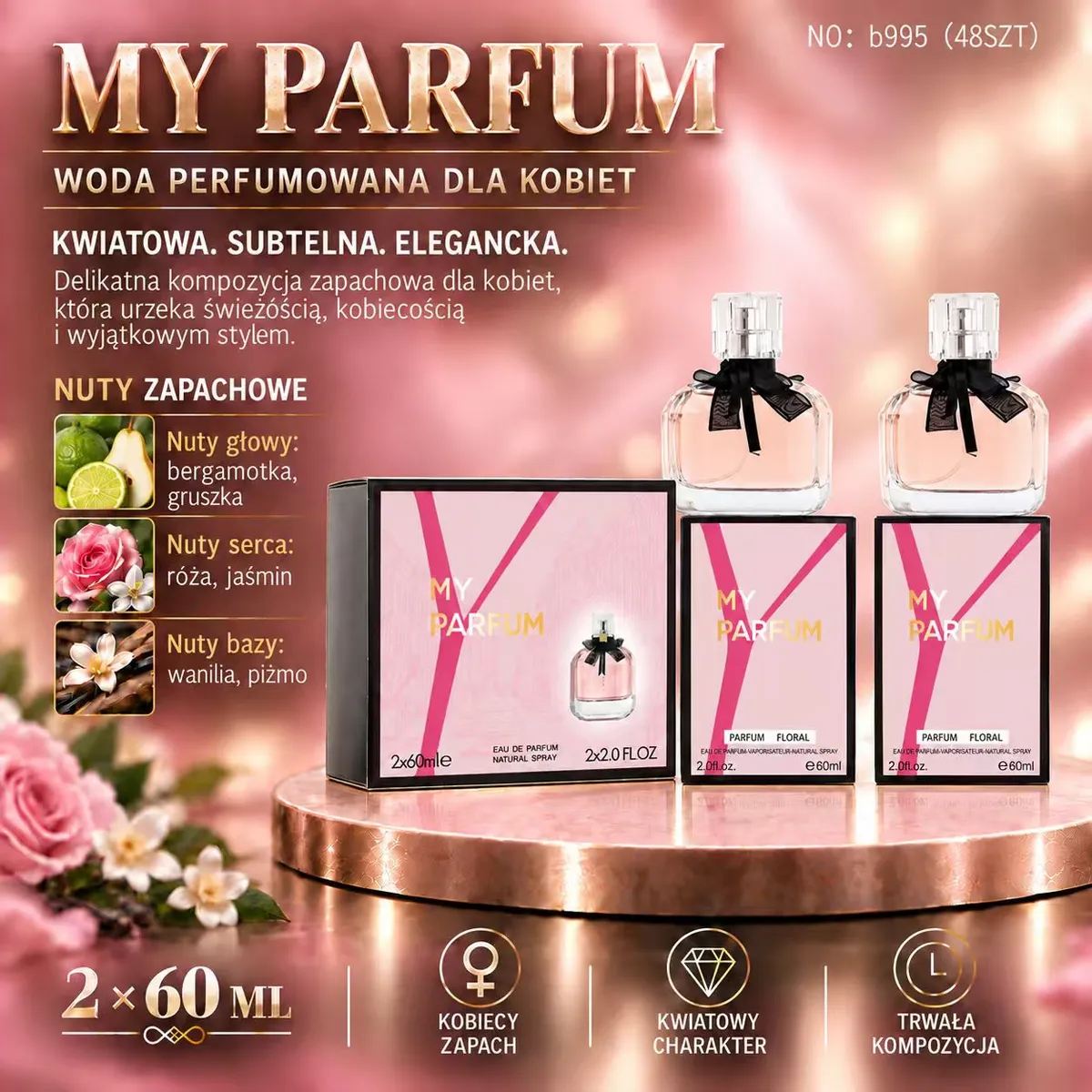 Zestaw dwóch perfum damskich My Parfum 2x60 ml w różowym opakowaniu z czarną kokardką