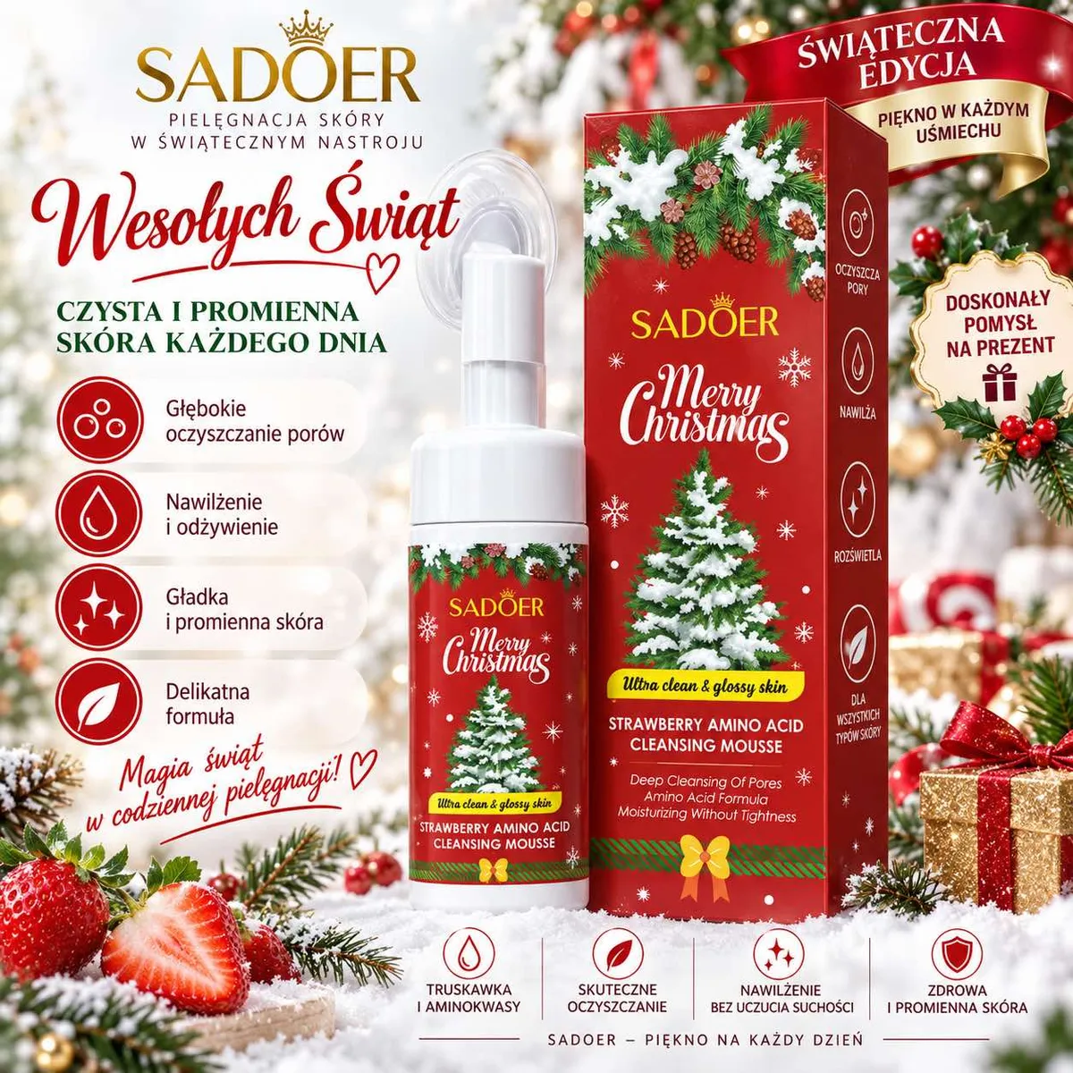 Pianka do mycia SADÖER Merry Christmas w czerwonym opakowaniu z choinką i świątecznym motywem