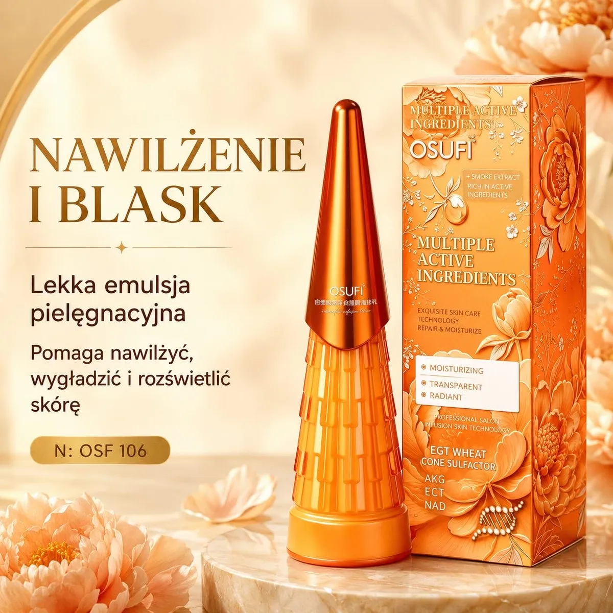 Pomarańczowa stożkowa butelka emulsji OSUFI obok ozdobnego pudełka z kwiatowym motywem