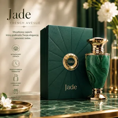 zielona marmurkowa butelka perfum Jade z złotymi detalami i eleganckie opakowanie