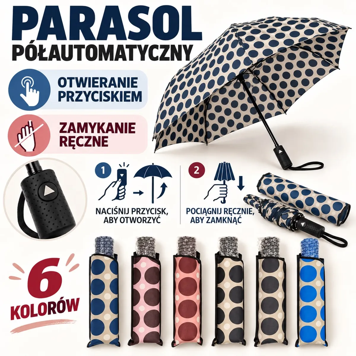 Półautomatyczny parasol składany w kropki w 6 kolorach z czarną rączką i pokrowcem