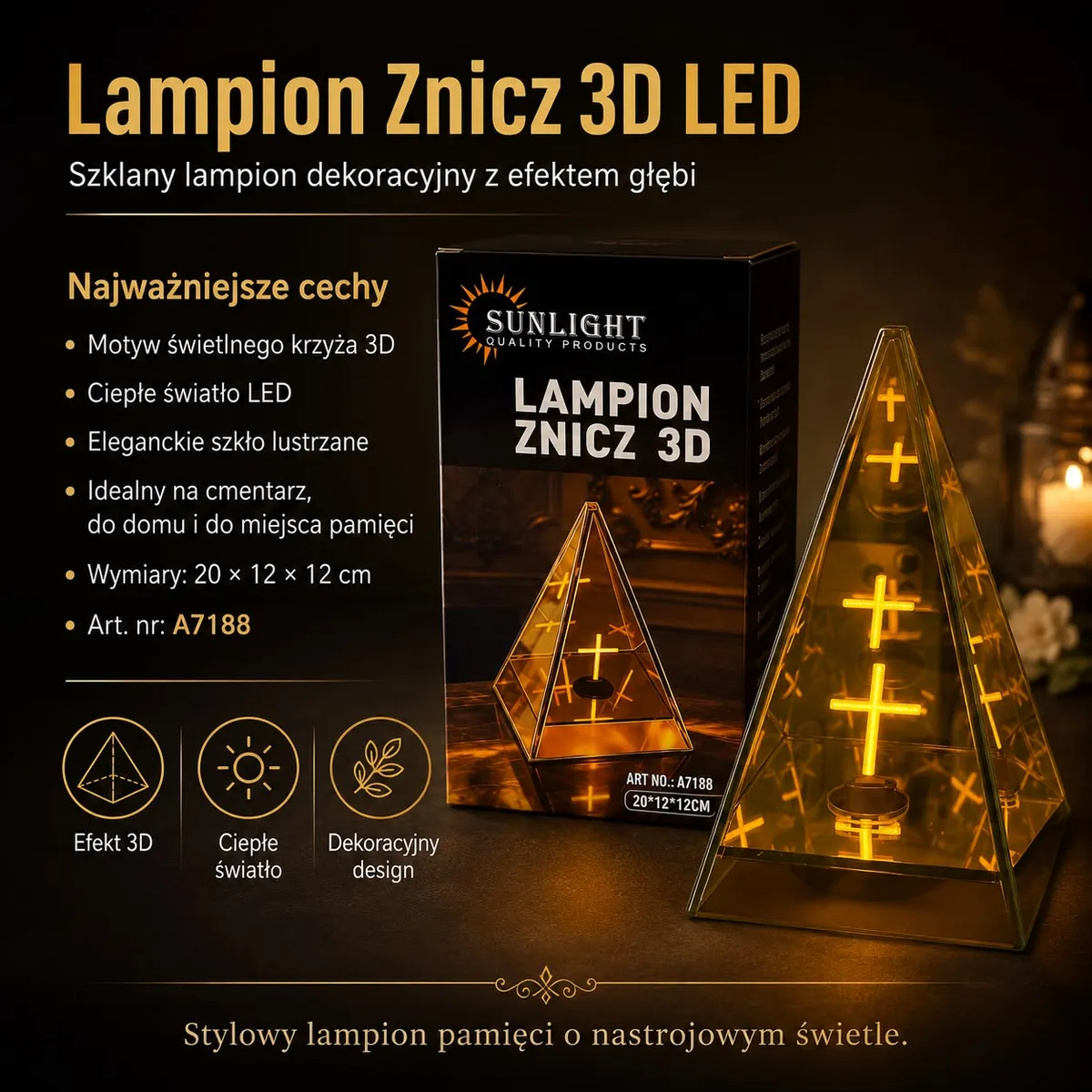 Szklany lampion znicz 3D LED w kształcie piramidy z motywem świetlnego krzyża i ciepłym światłem