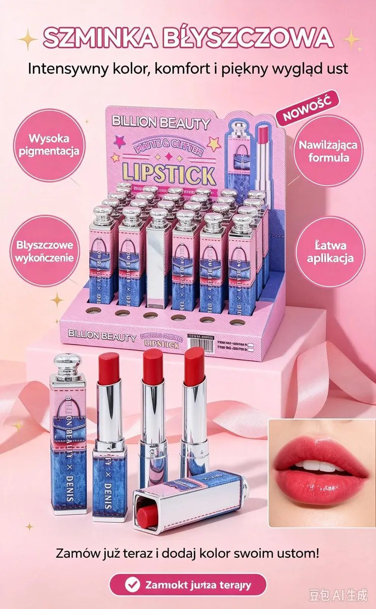 Szminki błyszczące Billion Beauty w opakowaniach denim z różowymi elementami, ekspozycja i usta z nałożoną szminką