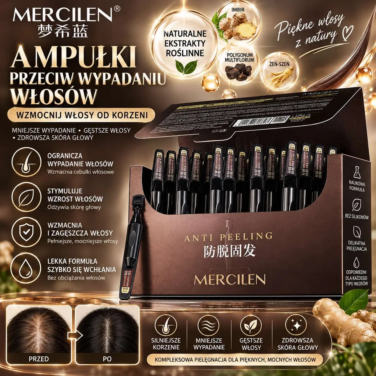 Opakowanie ampułek Mercilen przeciw wypadaniu włosów z naturalnymi ekstraktami roślinnymi i dozownikami