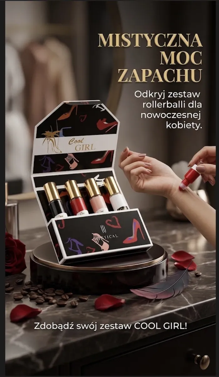 Zestaw czterech perfum rollerball 20 ml w czarnym pudełku z kolorowymi motywami butów i akcesoriów