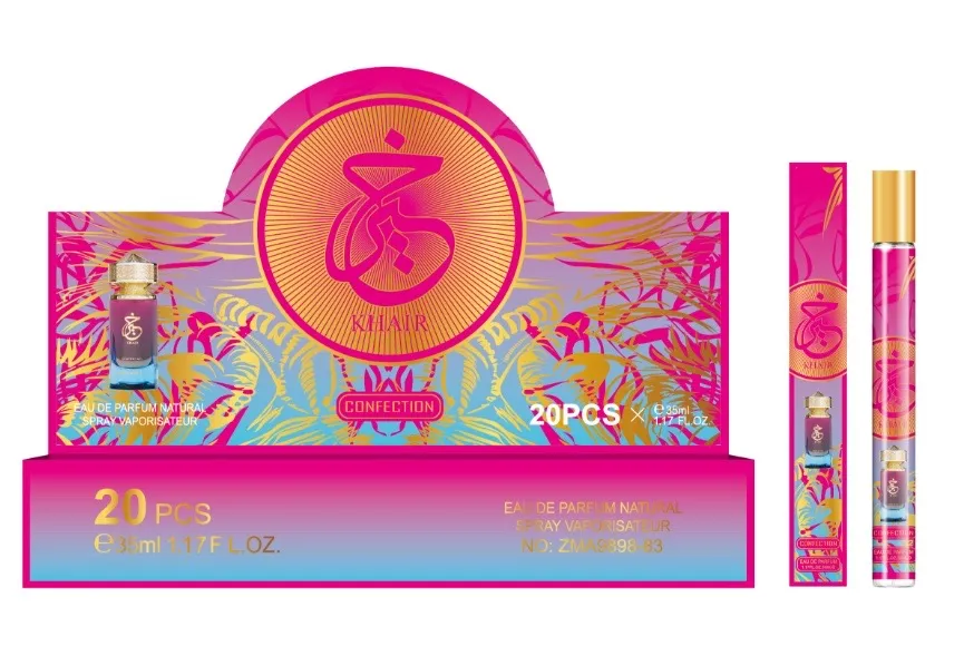 Perfumy Khair Confection 35ml w różowo-złotym opakowaniu z motywem roślinnym i złotą nakrętką