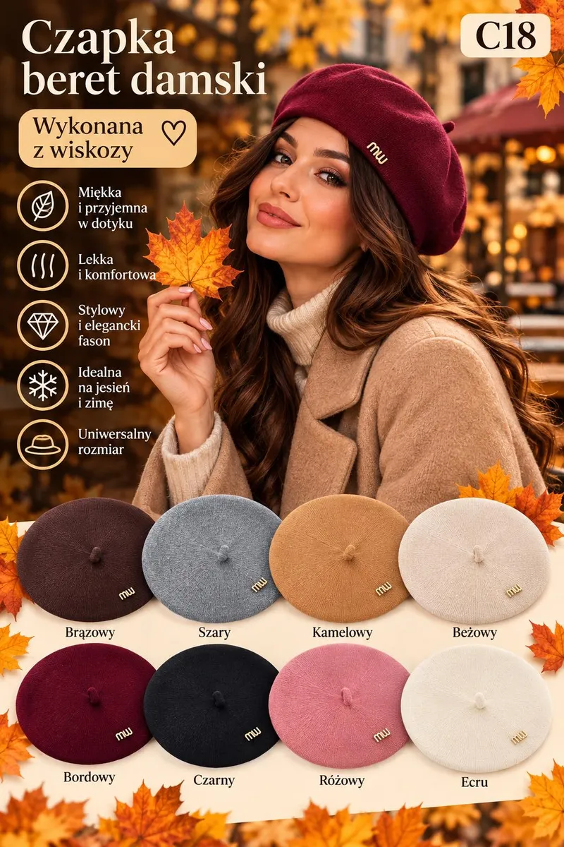 Damski beret bordowy z wiskozy na modelce, obok inne kolory beretów: brązowy, szary, kamelowy, beżowy, czarny, różowy, ecru