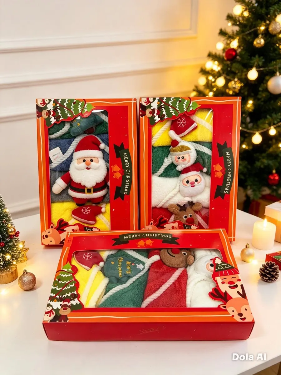 Zestaw kolorowych ręczników 30x30 cm z ozdobami świątecznymi w kartonowym opakowaniu