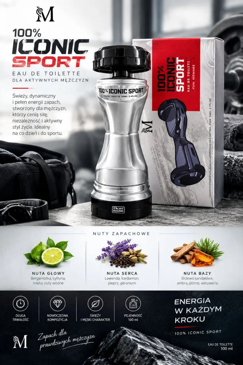 Butelka wody toaletowej Iconic Sport 100 ml w metalicznym opakowaniu z czerwonym akcentem